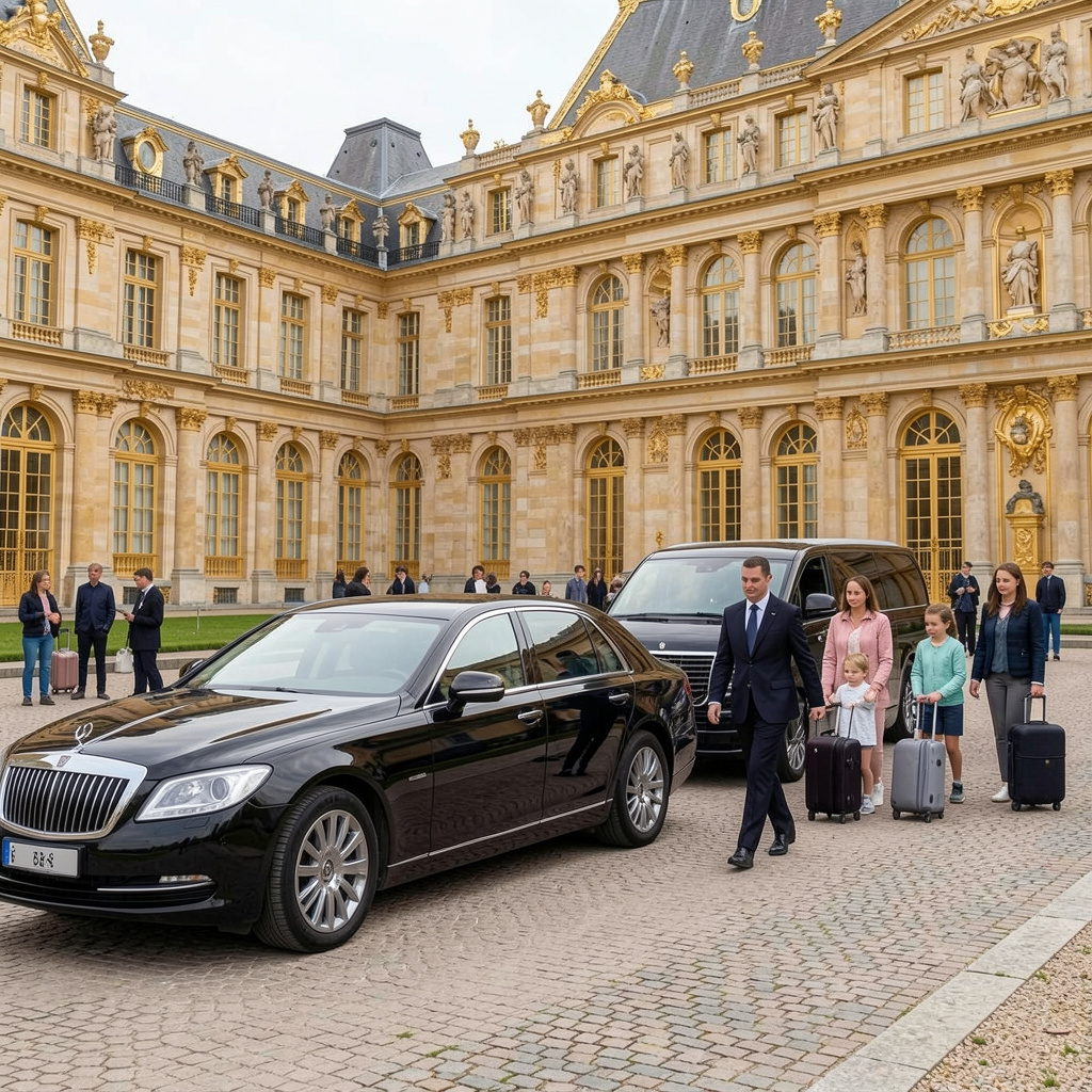 Private transfer vehicle arriving at Versailles Castle from Paris