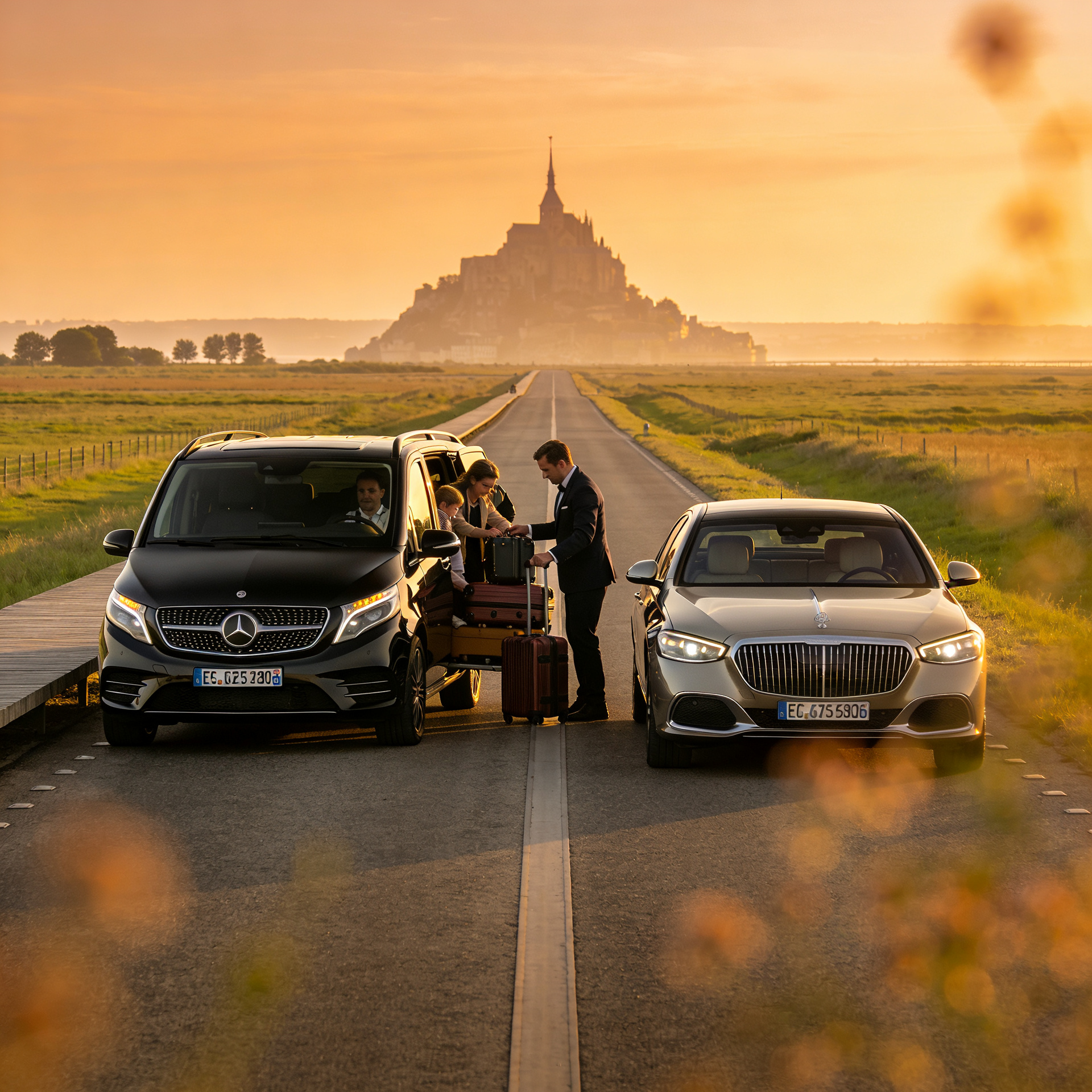 Private Day Tour Tourist vehicle parked near Mont Saint-Michel attraction