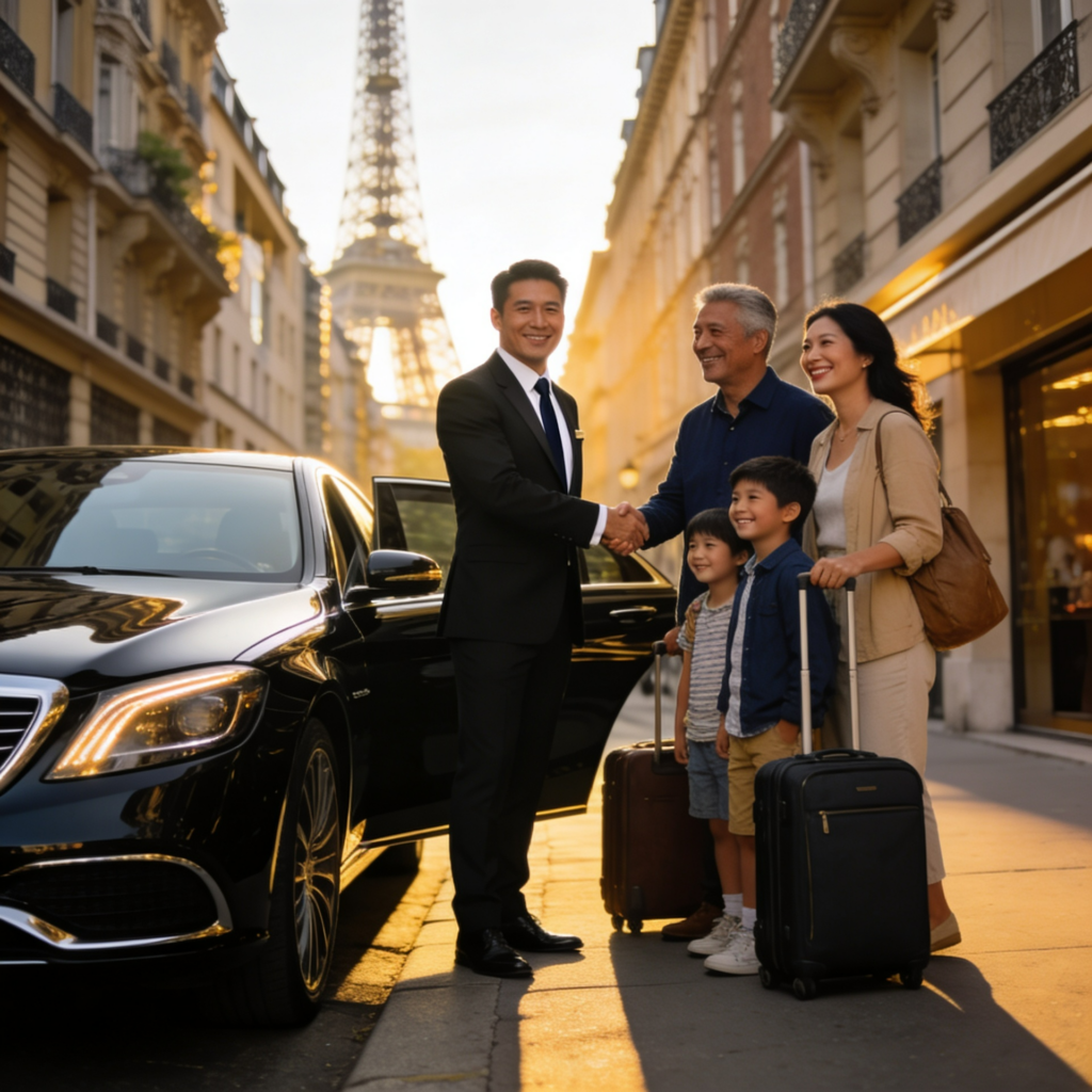 Chauffeur-driven sightseeing tour vehicle near Paris attractions