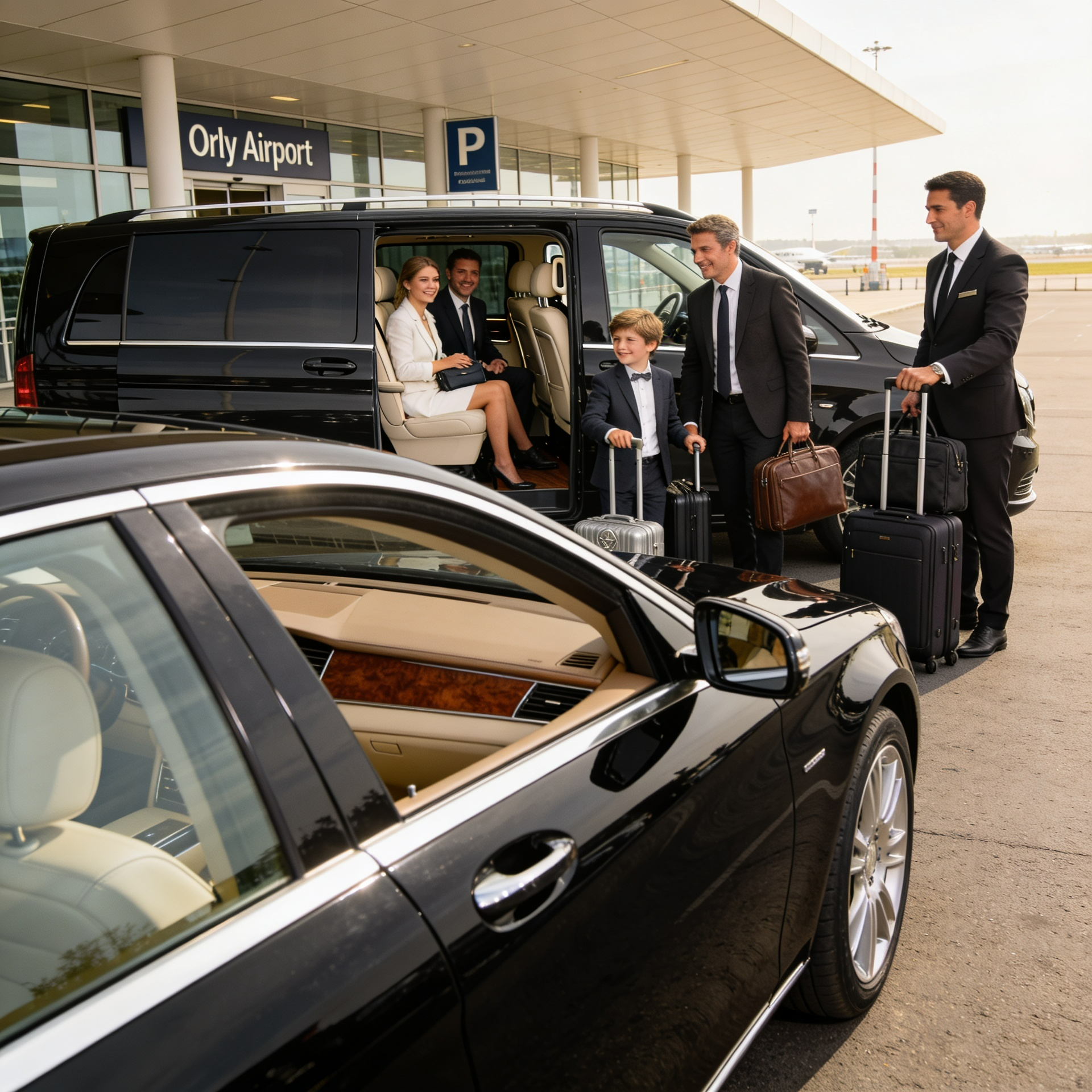 Private Orly Airport transfer taxi service from Paris Orly Airport to Paris city and Disneyland Paris with comfortable airport shuttle