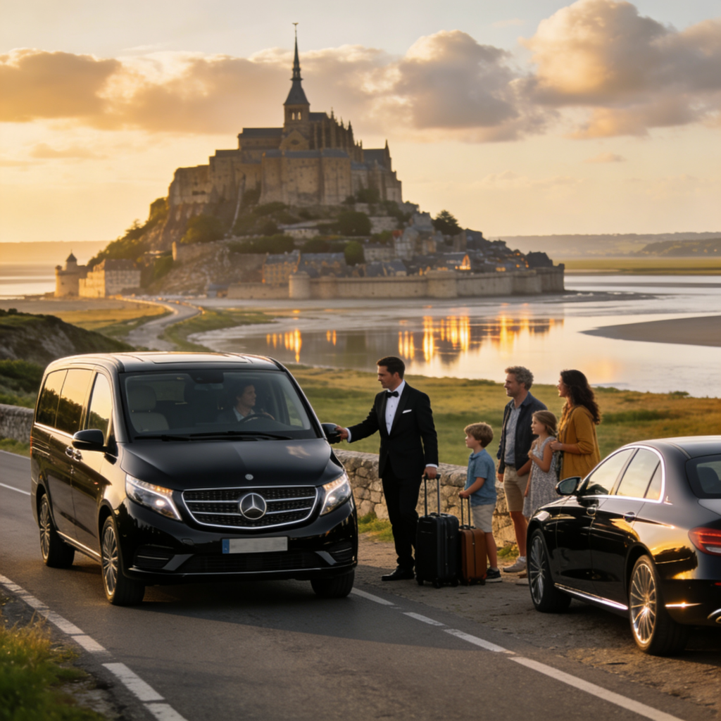 Tourist transfer vehicle traveling from Paris to Mont Saint-Michel